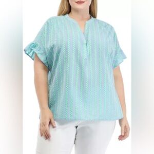 Crown & Ivy Flutter Sleeve Blue & Lime Stripe Short Sleeve Blouse